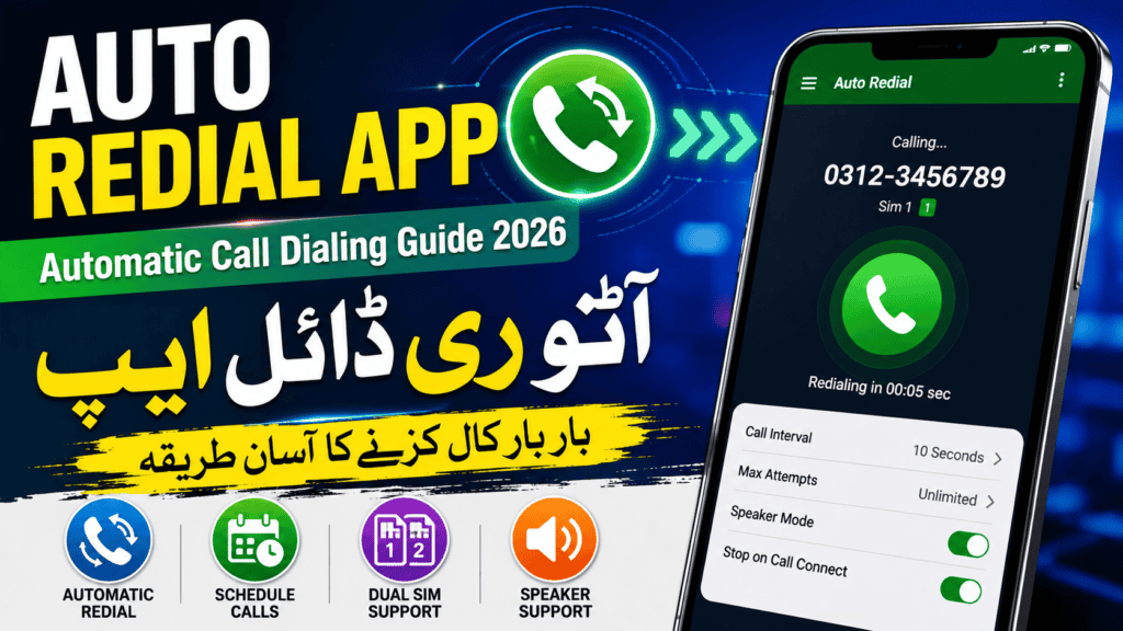 Auto Redial app interface showing automatic call dialing settings on an Android smartphone.