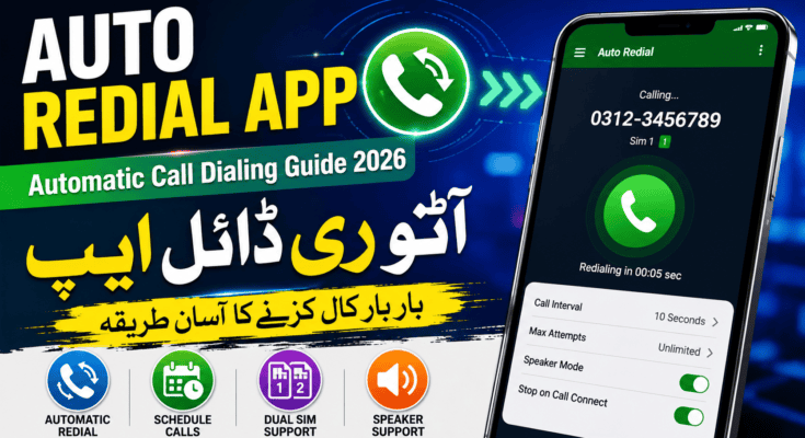 Auto Redial app interface showing automatic call dialing settings on an Android smartphone.
