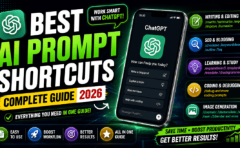 AI prompt shortcuts for writing, SEO, coding, and image generation displayed on a modern computer screen.