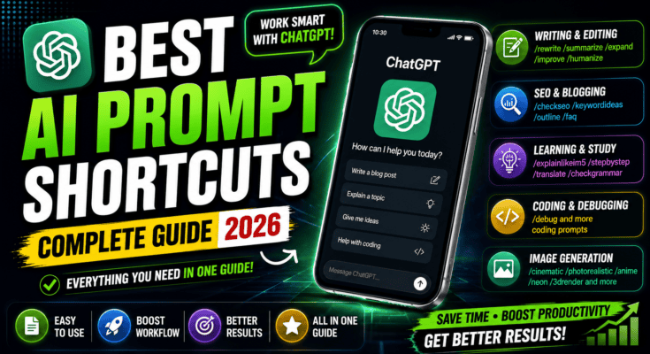 AI prompt shortcuts for writing, SEO, coding, and image generation displayed on a modern computer screen.