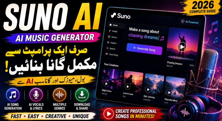 Suno AI music generator interface creating songs from text prompts.
