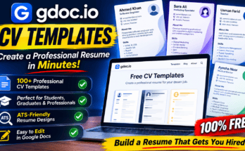 Professional editable CV templates displayed on a laptop using GDoc.io.