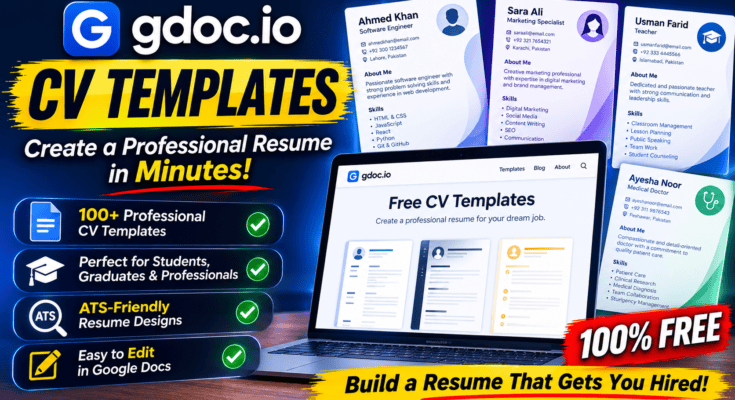 Professional editable CV templates displayed on a laptop using GDoc.io.