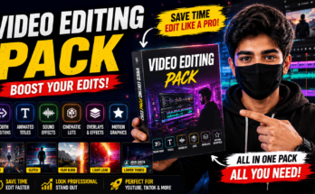 Collection of video editing packs with transitions, LUTs, titles, and motion graphics displayed on a video editing timeline.