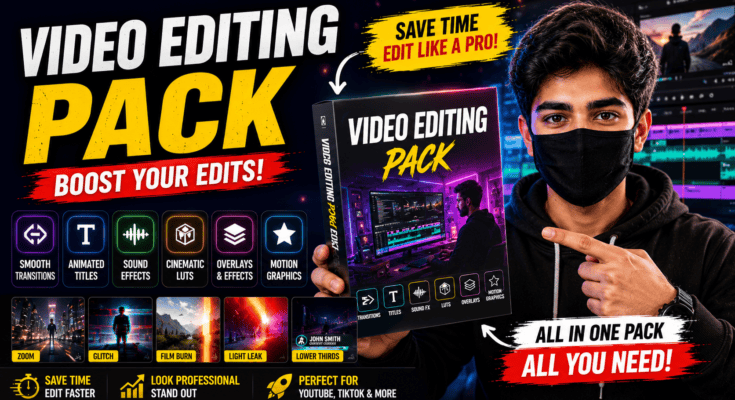 Collection of video editing packs with transitions, LUTs, titles, and motion graphics displayed on a video editing timeline.