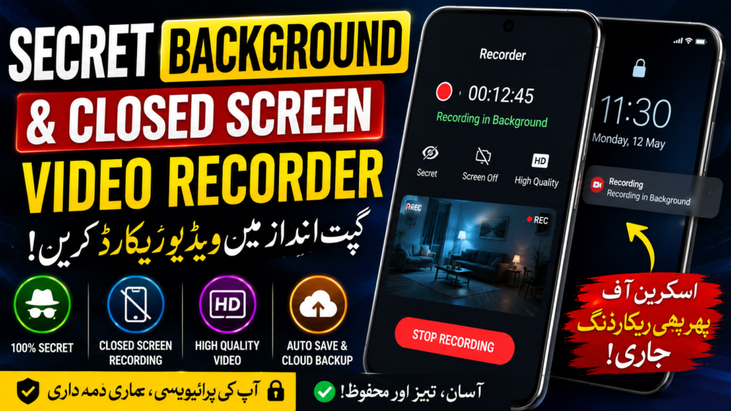 Secret Background and Closed Screen Video Recorder app interface on an Android smartphone.