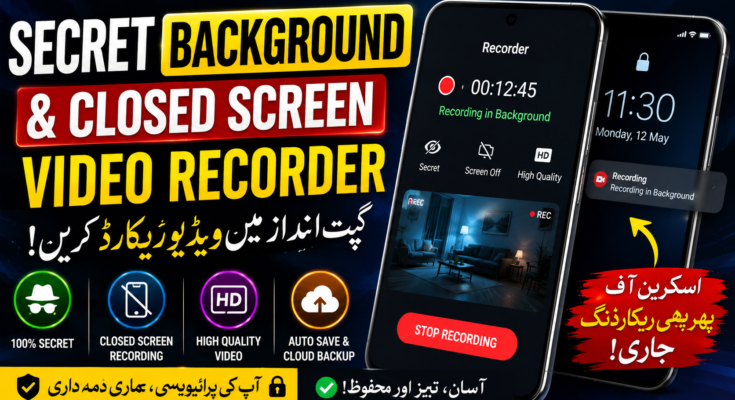 Secret Background and Closed Screen Video Recorder app interface on an Android smartphone.
