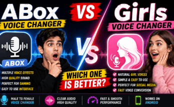 Comparison of ABox Voice Changer and Girls Voice Changer apps showing male-to-female voice transformation features.