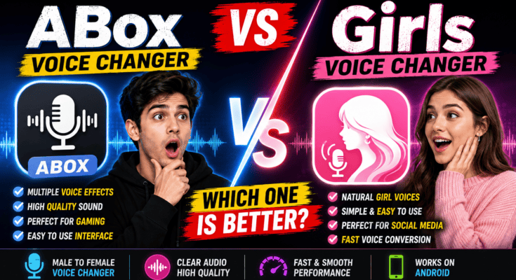 Comparison of ABox Voice Changer and Girls Voice Changer apps showing male-to-female voice transformation features.
