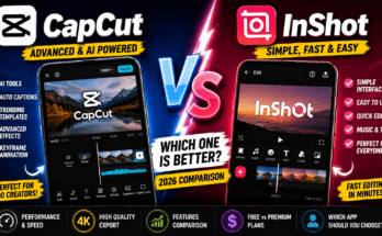 Side-by-side comparison of CapCut and InShot mobile video editing apps highlighting editing tools, AI features, templates, and export quality.