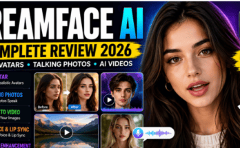 DreamFace AI interface showing AI avatar creation, talking photo animation, image-to-video generation, and AI creative tools.