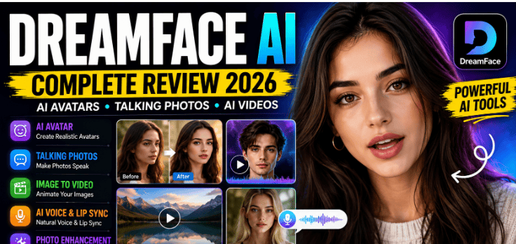DreamFace AI interface showing AI avatar creation, talking photo animation, image-to-video generation, and AI creative tools.